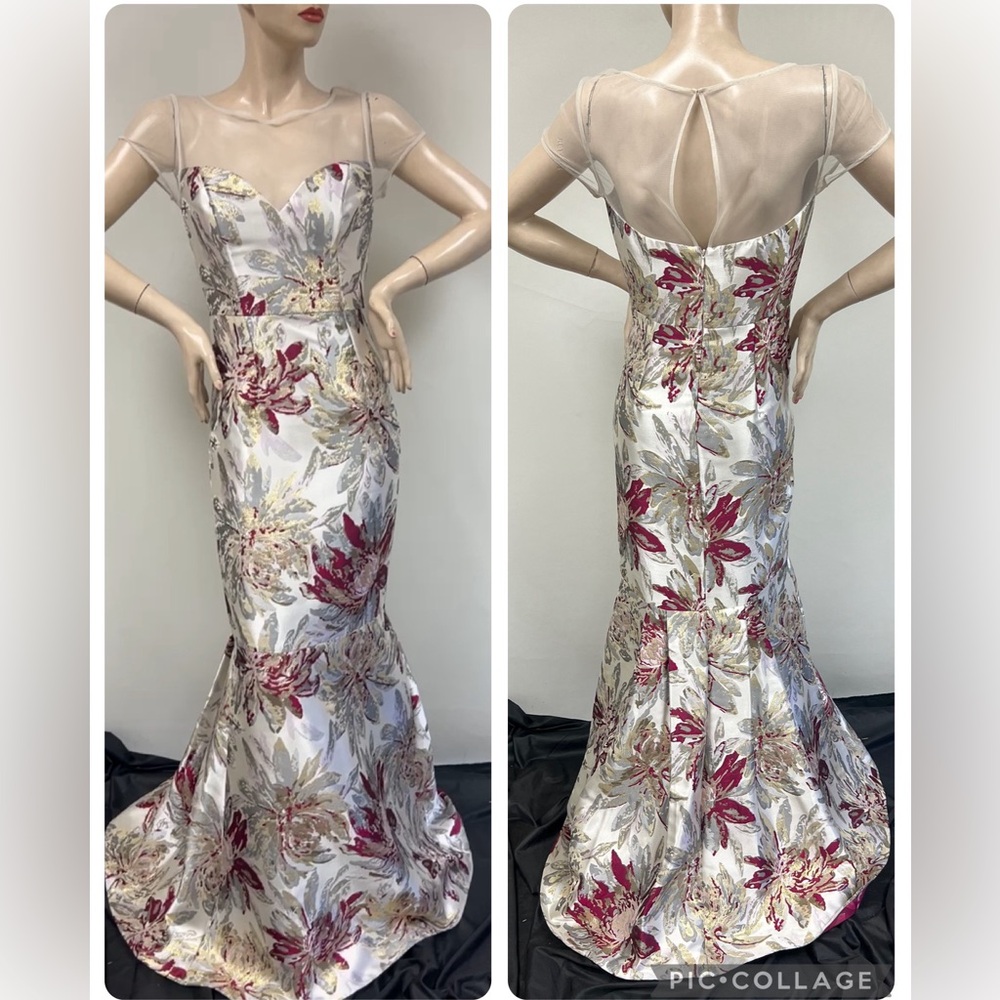 Aidan Mattox jacquard short sleeve mesh top long gown - Picture 5 of 17